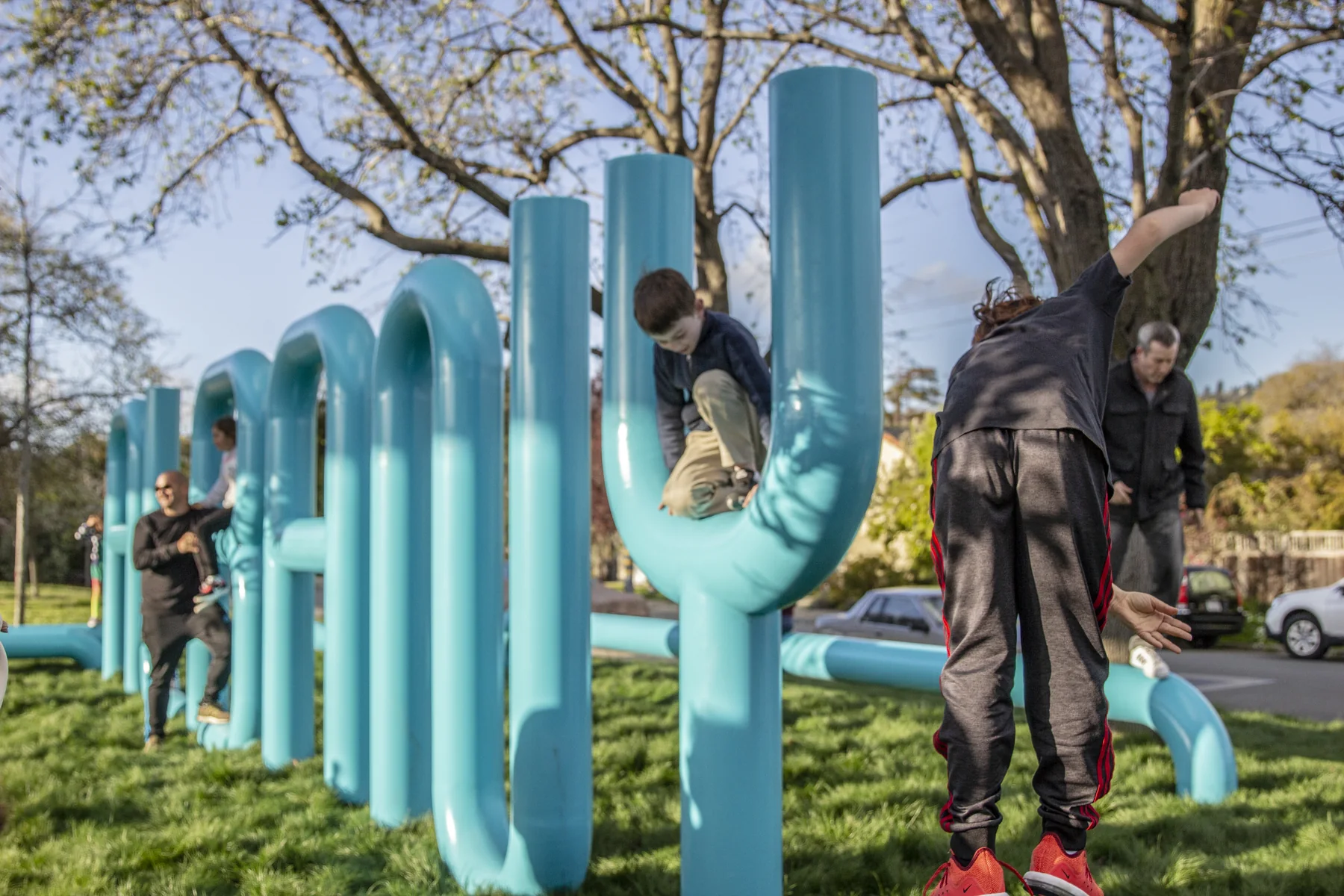 Blue steel letter form of Albany Loop in the park