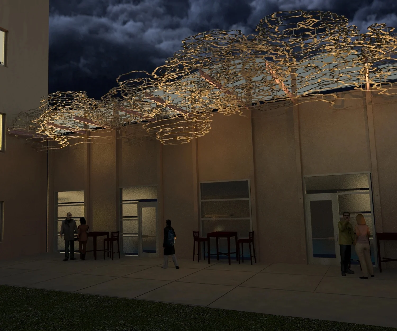 Widgery Studio rendering of the Passing Storms cloud courtyard at night