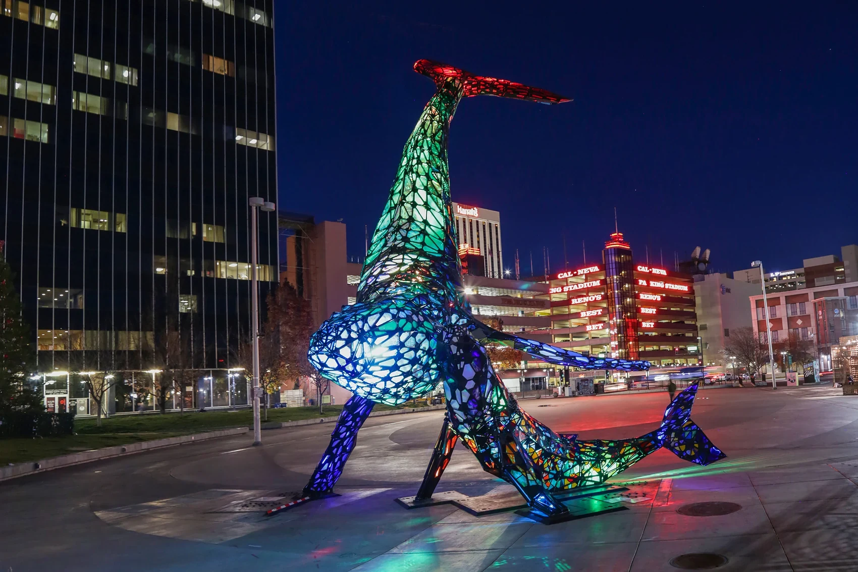 Space Whale illuminated at night in Reno